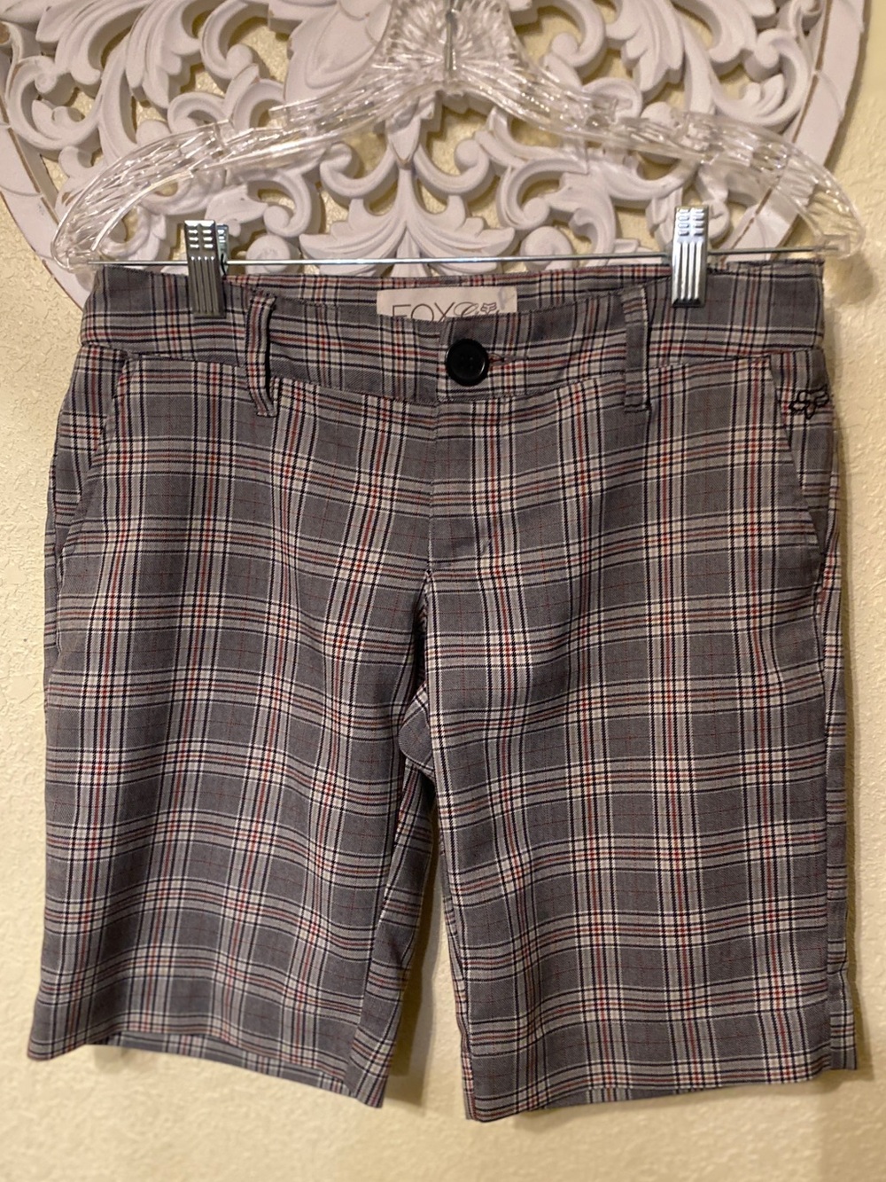 FOX Y2K  Gray Plaid Bermuda Shorts with Red Windowpane